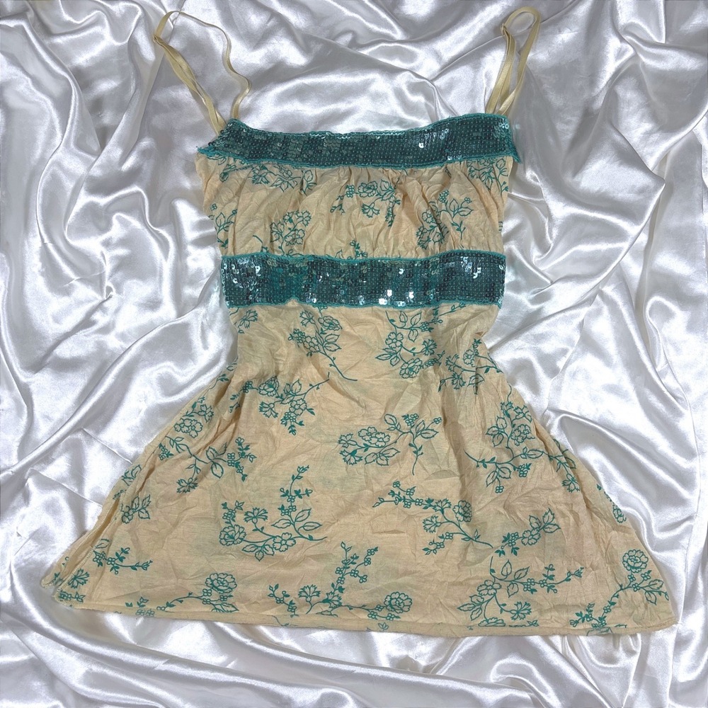 y2k Cami Top Cream Excellent Floral Sequin Babydoll Volume One Vintage